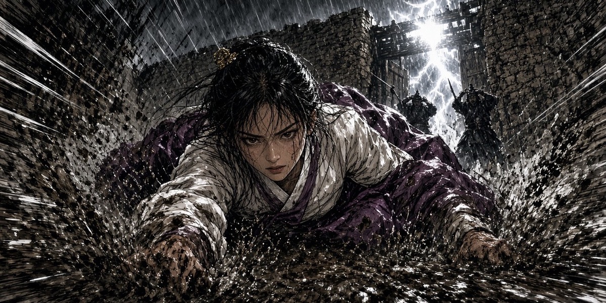Storm night: lightning strikes the guarded door; in the foreground Manmyung crawls through a low gap in the wall in her soaked good silk