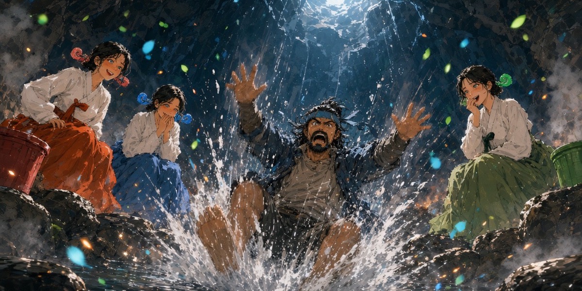 Seohyun stands up coughing in the steaming black pool, sword still in his hand; three young women watch from the far rock