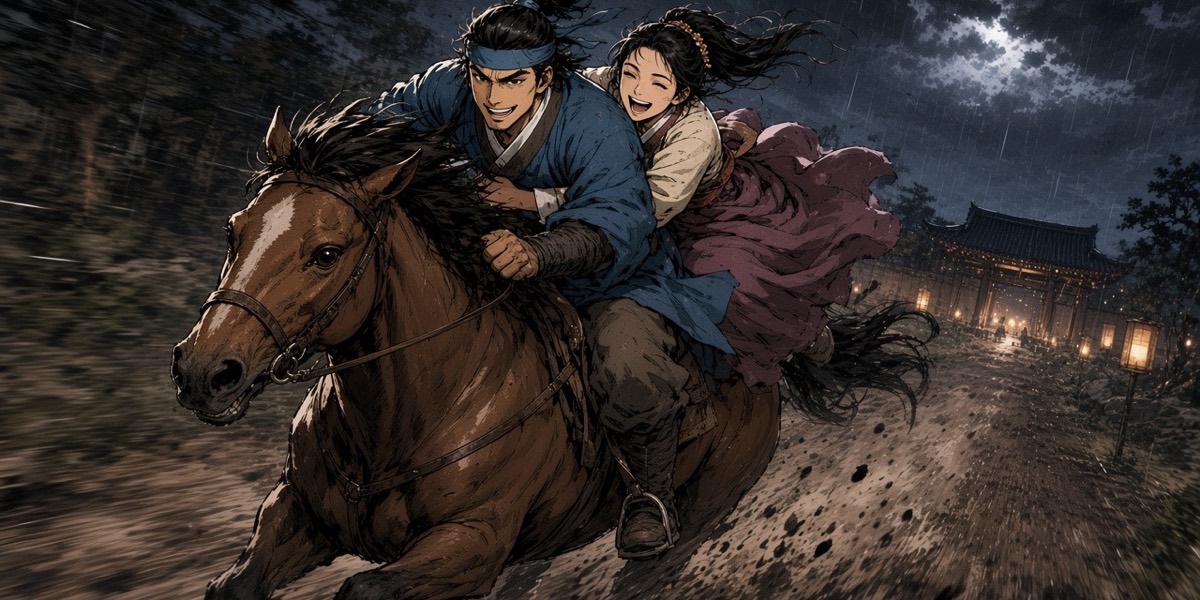 In the rain, Manmyung up behind Seohyun on one horse, riding north out of Surabol; she laughs into his back