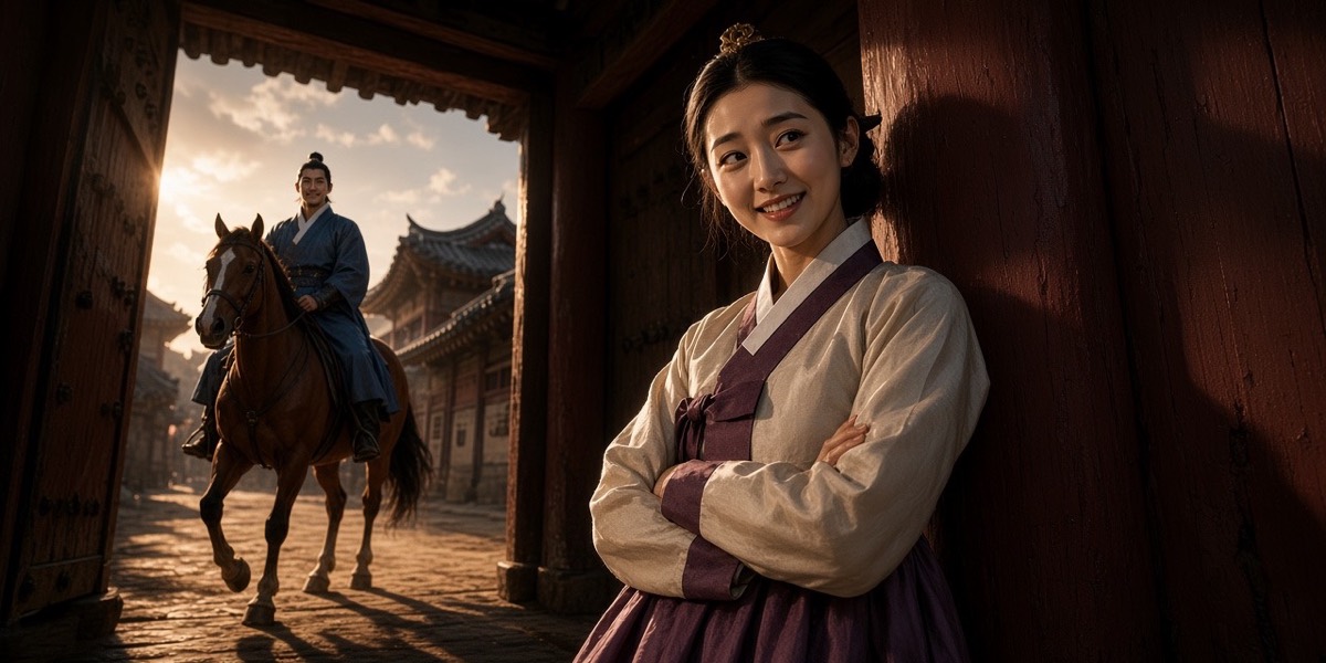 Long-shadow afternoon: Seohyun rides past the great gate for the third time, looking sideways; Manmyung waits in its shadow, arms folded, hiding a smile