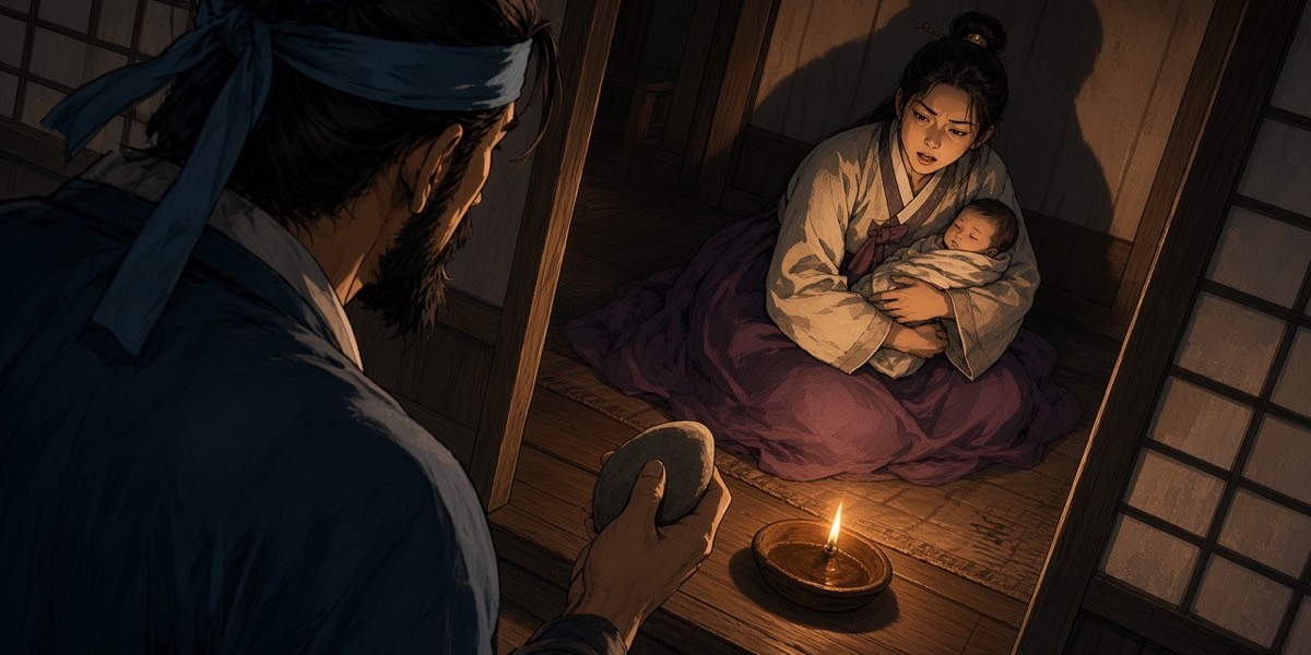 Lamplight at Manno: Manmyung sits up with the baby and squints at Seohyun, who is smiling too much, the warm grey stone in his sleeve