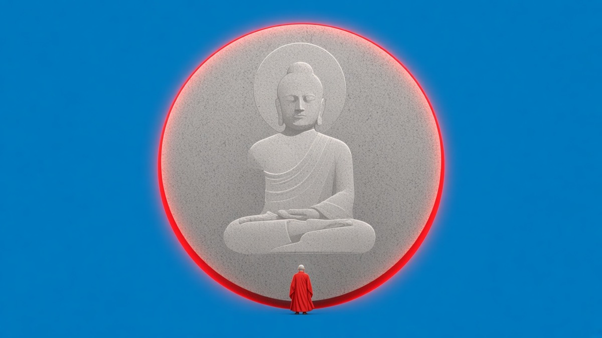 Seokguram reduced to a circular granite grotto-disc; tiny hanbok speck at the rim
