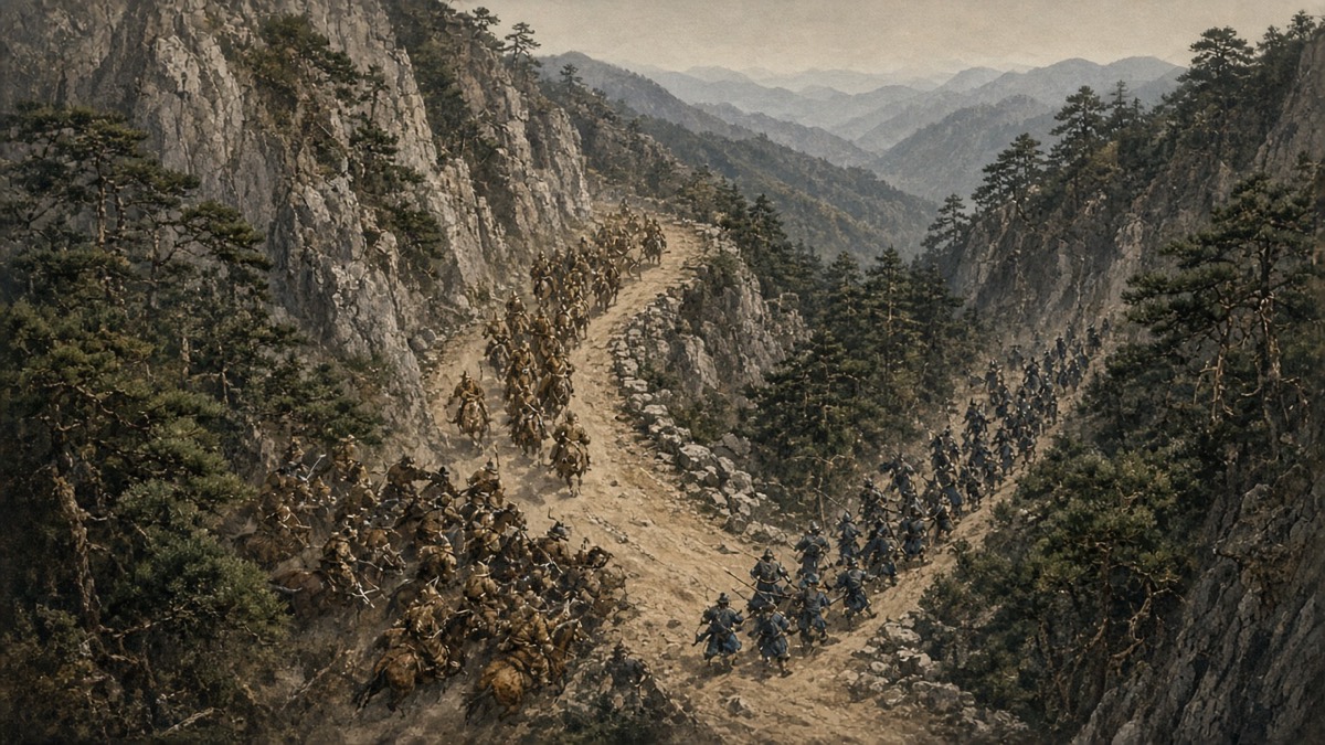 Stone Gate mountain pass: Tang column turning, Mohe cavalry hitting a strung-out Silla pursuit