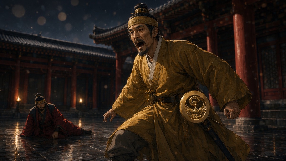 Dutch: Seongchung mid-stride remonstrating in the Sabi hall; hollow ring-pommel catching the lamp