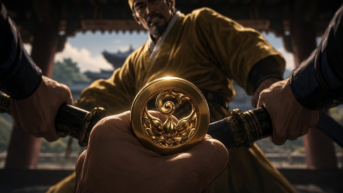 ECU: guards yank Seongchung’s belt; the hollow ring-pommel fills the frame in the Sabi hall