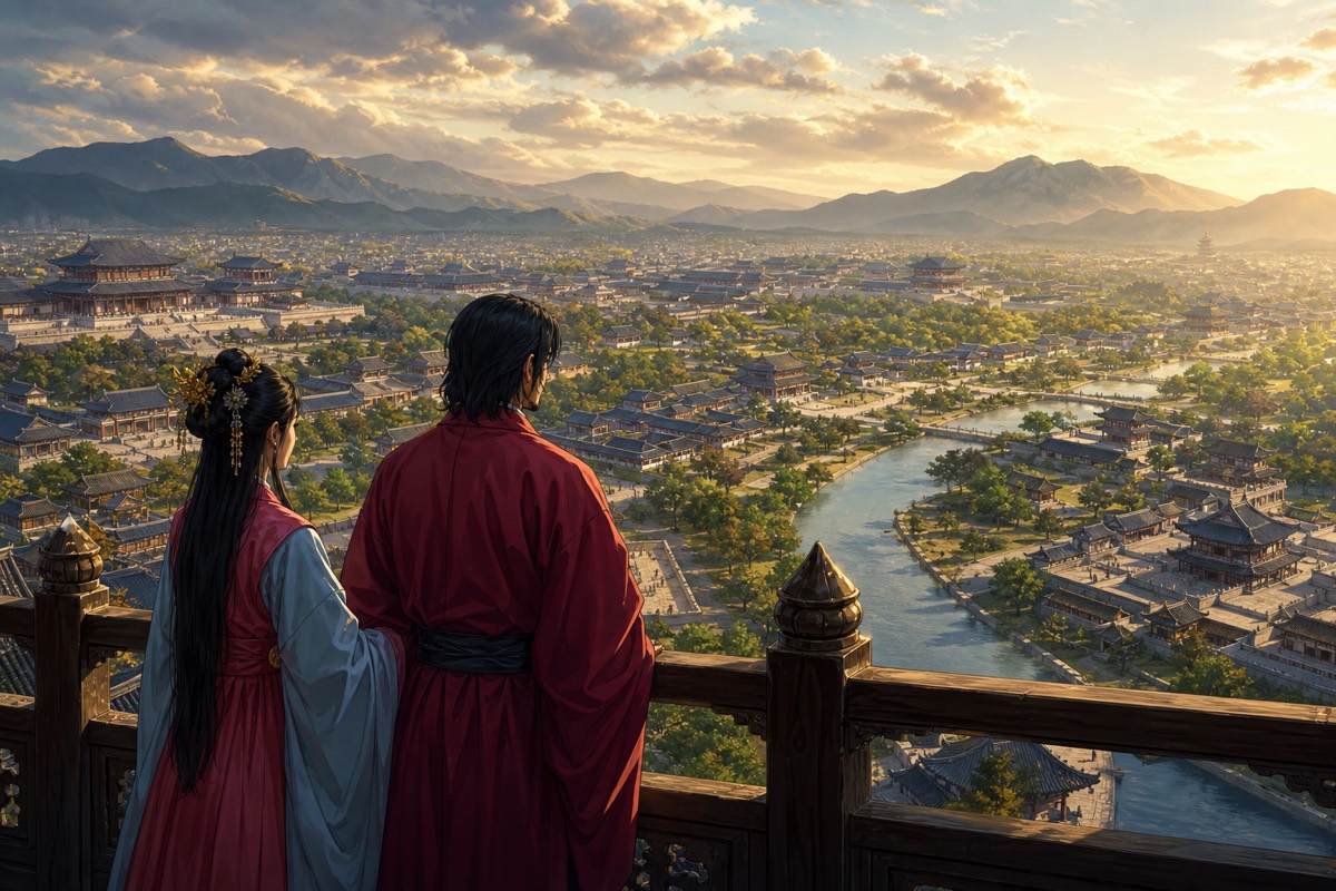 Aerial panorama of Seorabeol, Silla's capital, spread along its river beneath the mountains