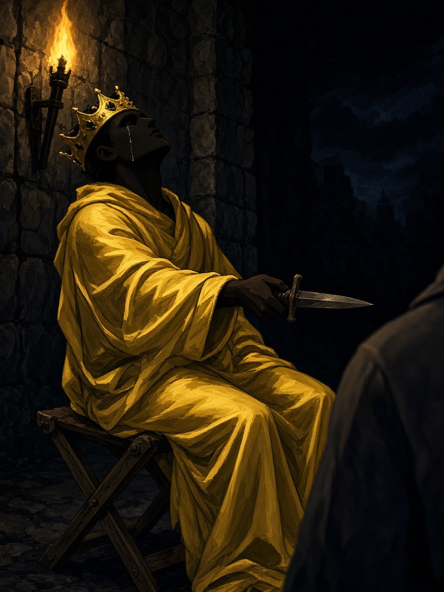 Last moment: Seong on a camp stool, neck bared, his own knife held out, face in shadow