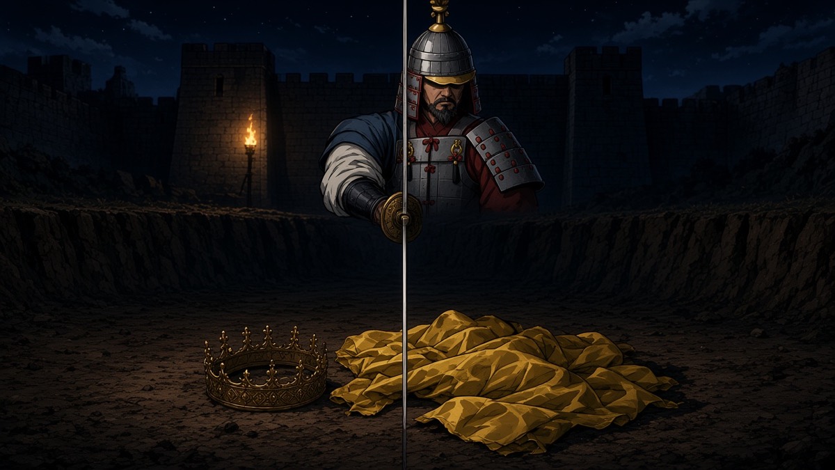 Iconic night: a blade as a vertical line, a crown on the earth, Muryuk’s cone still