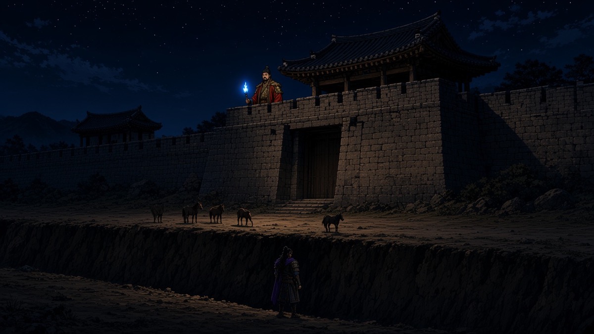 Night wide: Gwansan Fortress ridge, a black ditch, fifty horses stopped, one blue torch on the ridge