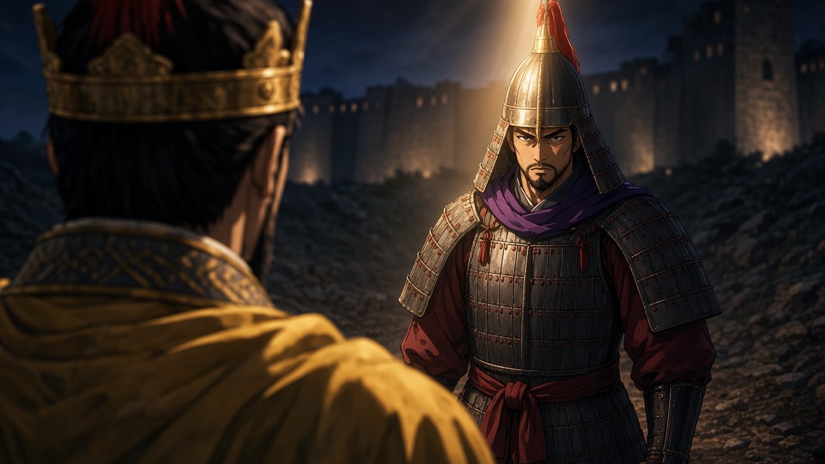 Seong’s POV: over a gold crown, Muryuk’s cone fills the night ditch