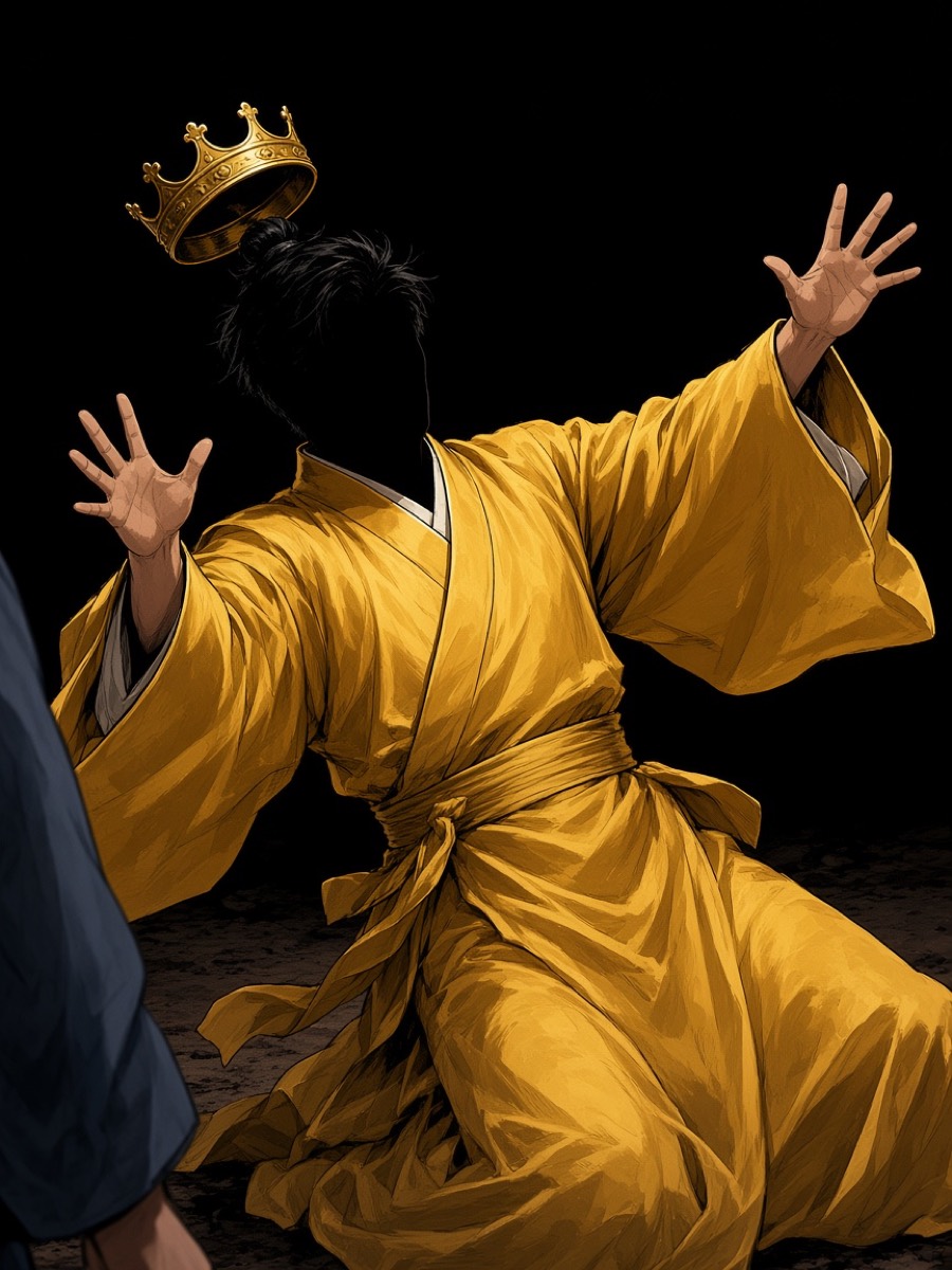 Seong recoils: crown jerked back, hands up, face lost in shadow, yellow silk