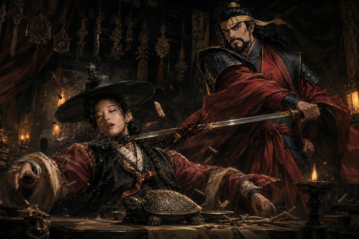 Euija's blade cuts the shaman down mid-prophecy over the carved turtle shell