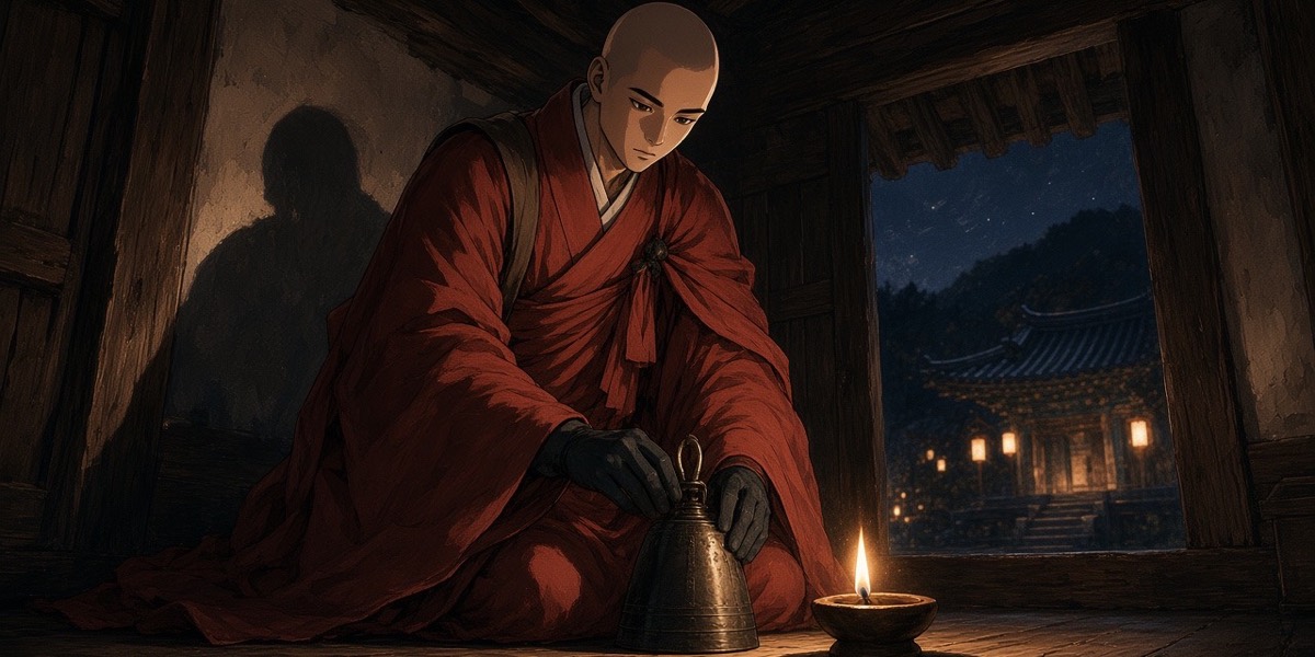 The young monk Shinsung kneels and sets the smallest temple bell on the bare floor of a lesser house.