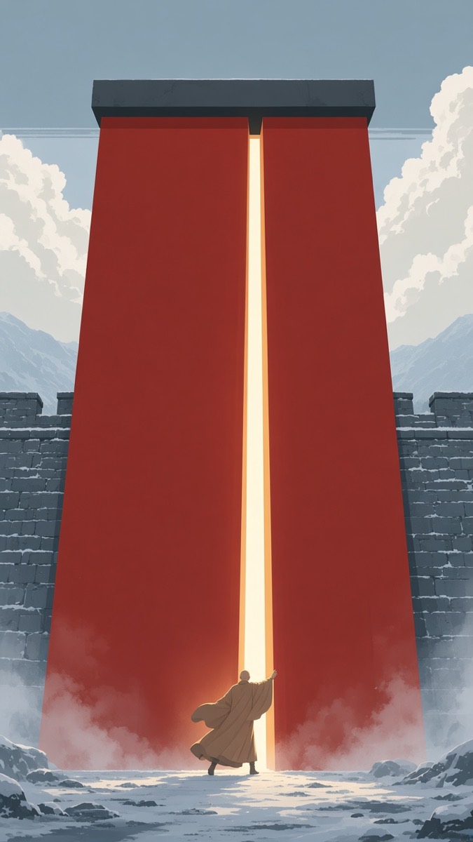Shinsung as a tiny taupe monk opening a Goguryeo-red gate — vertical gold light-slit from inside