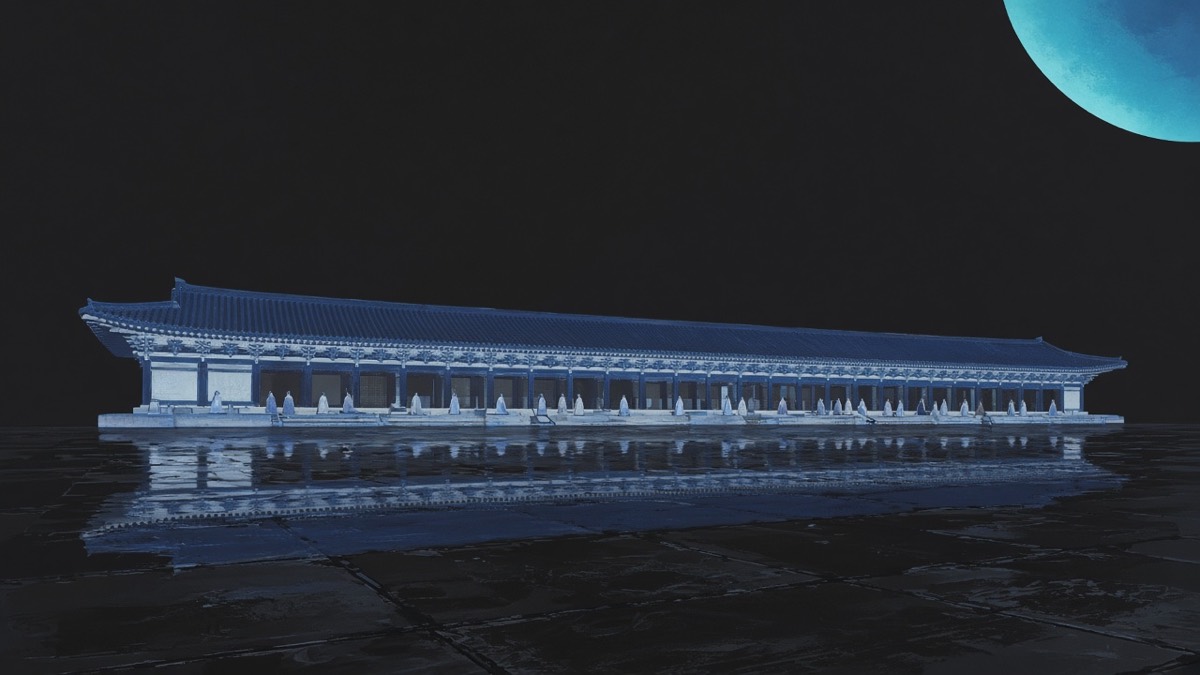 Surabol as one long blue-white hall-plane on wet black floor — a small cyan moon-disc cropped at the upper-right corner