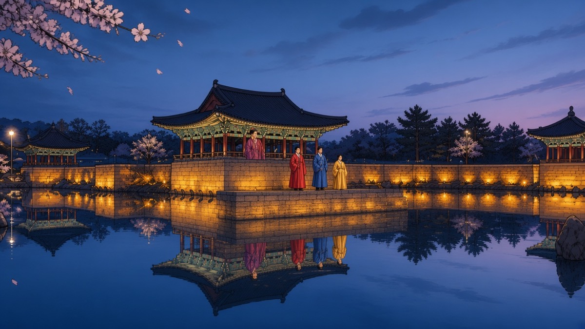 Surabol twilight pond: four officials on the terrace — purple, scarlet, blue, yellow sleeves in rank order