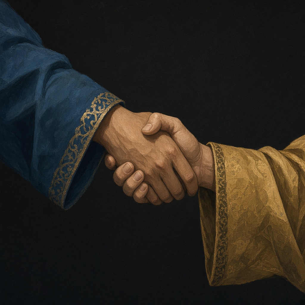 Silla-blue and Tang-gold hands clasped — the 648 alliance