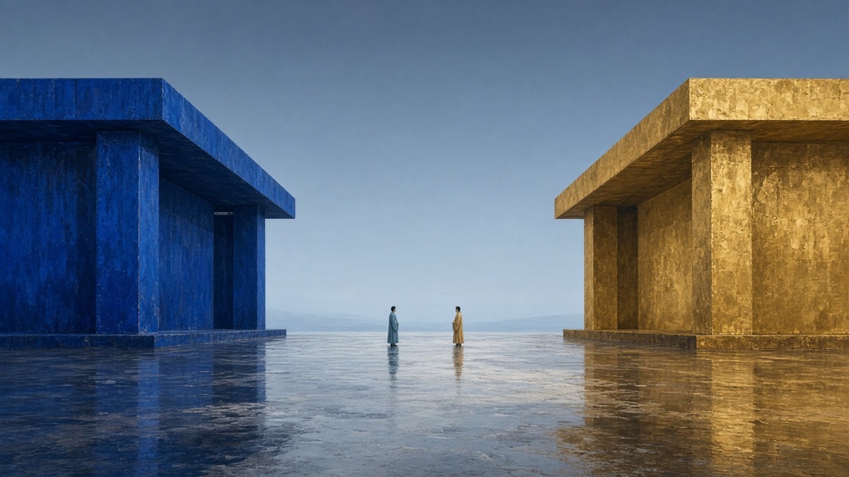 Wide two-hall plane: Silla blue bar and Tang gold bar across one wet floor