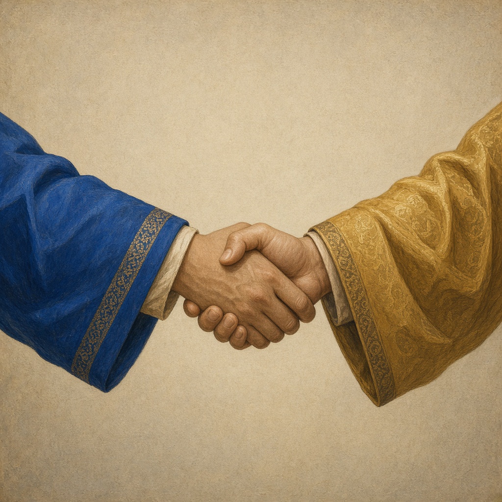 Silla and Tang hands clasped in alliance - blue and gold sleeves