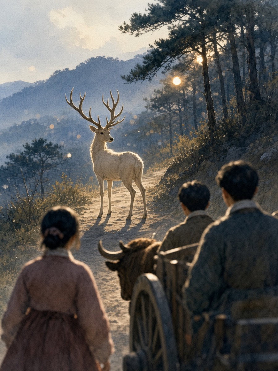 Bird's-eye view of a pale switchback path where three tiny travellers follow a white stag that has turned to look back