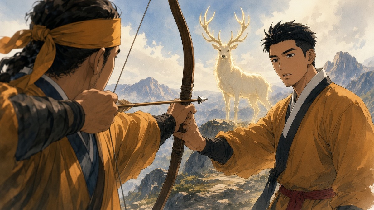 Over Biryu's drawn bow, a pale gold stag stands calm on the ridge path while Onjo pushes the bow down