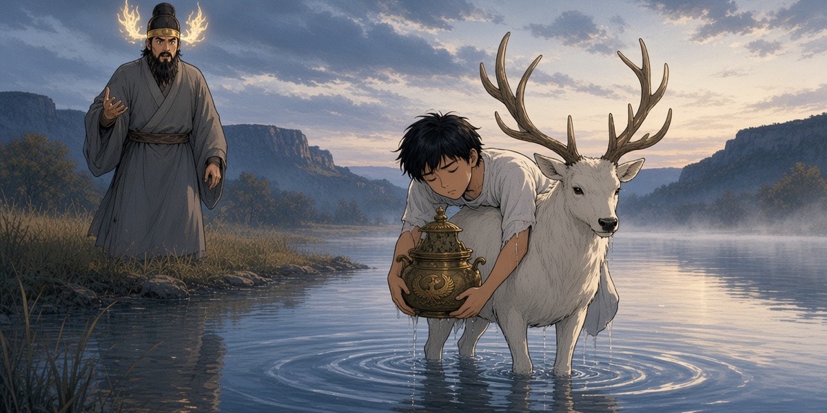 Pre-dawn: a pale stag walks out of the river carrying the unconscious boy and the gilt burner, while Euija stands on the bank in a stolen crown