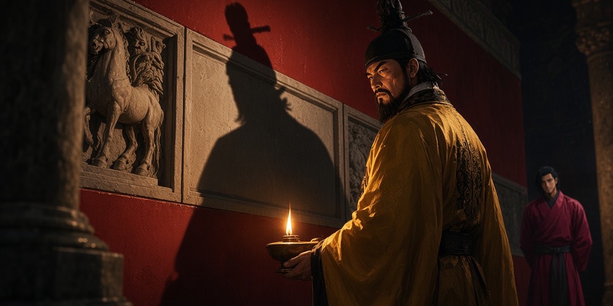 The end of the gallery: the emperor, sculpted by a lamp held low at his side, faces the empty seventh frame as his own shadow fills it; Chunchu tiny down the corridor