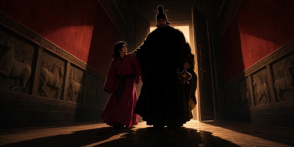 The doors close behind them: the emperor, a black silhouette against the last slit of gold light, steers Chunchu by the elbow into the endless dark of the horse gallery