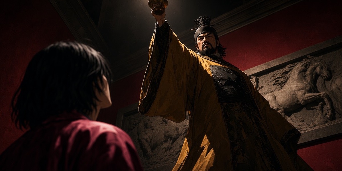 Worm's-eye beside Chunchu: the emperor holds the lamp high over his head, lit from above like a temple guardian, and a grey stone horse gallops out of the wall