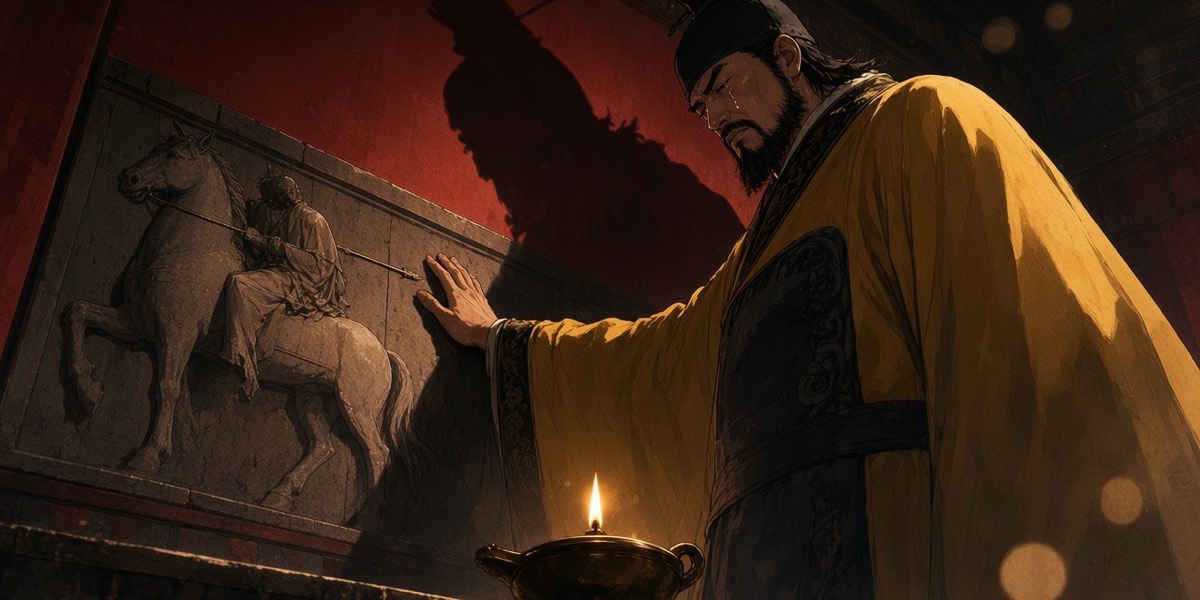 The emperor sets the lamp on the floor beneath the Saluzi panel and lays his palm on the carved neck; under-lit, half his face in black, his shadow vast over the relief