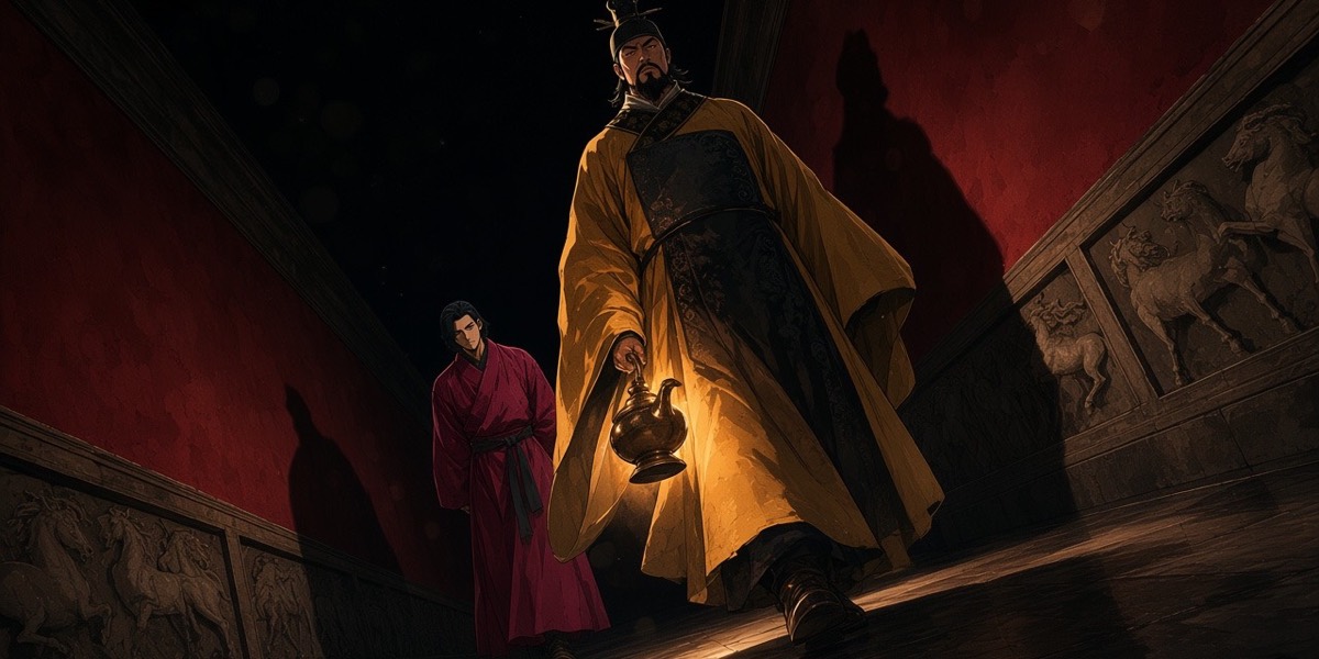 Worm's-eye: the lamp swings at the emperor's side and his shadow climbs the wall and ceiling, dwarfing the stone horses and Chunchu's small shadow beside it