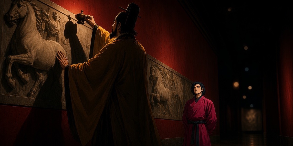 Low over the emperor's dark shoulder: he lifts the lamp and a stone horse comes out of the black; Chunchu, small along the wall, looks up at him
