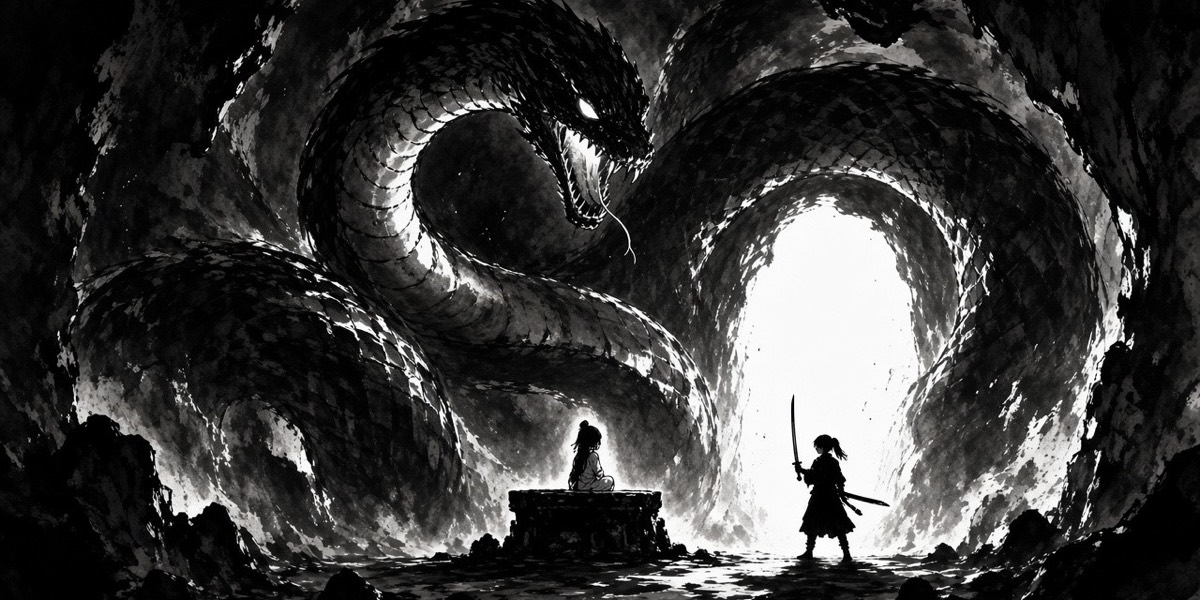A colossal serpent coils in the Gimnyeong cave as a young magistrate walks in