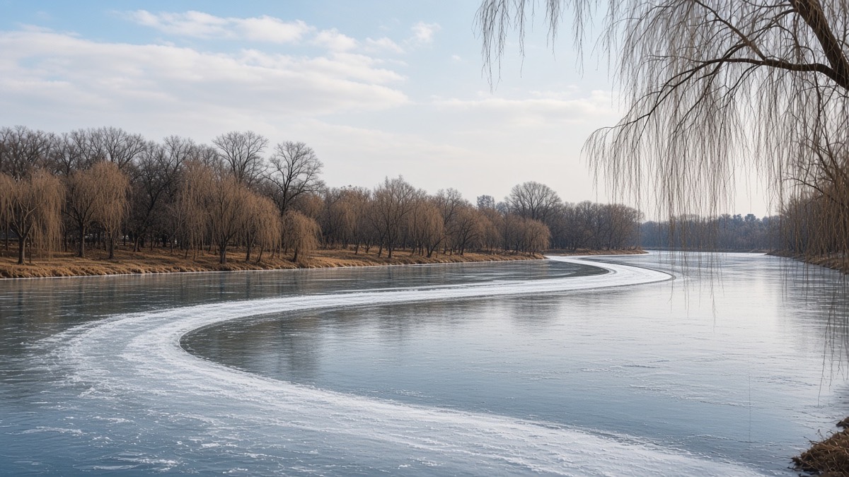 Wide Snake River in winter: the same willow bend, ice plane, no modern bridge