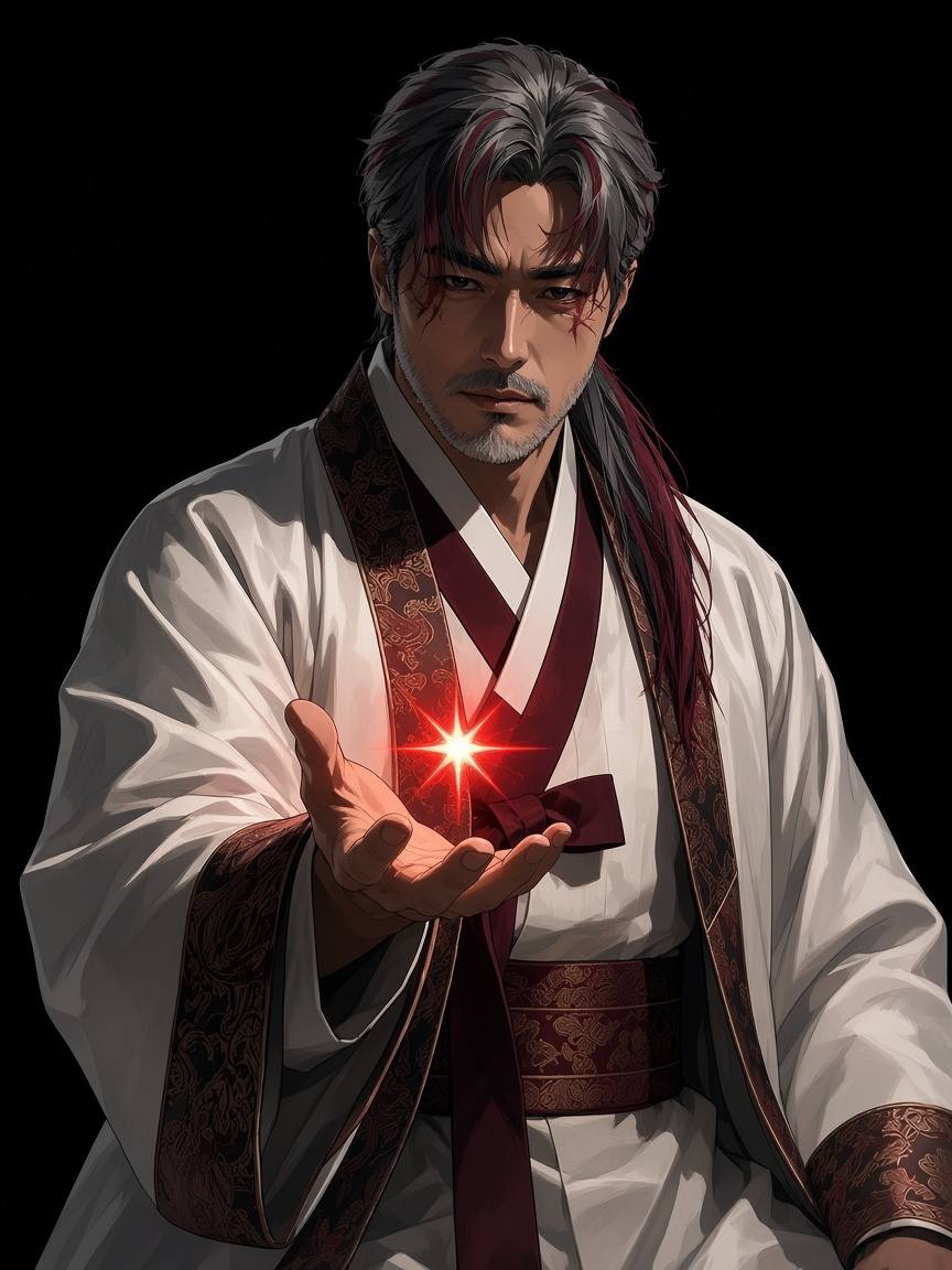 Little Star, closer and hungrier, right hand out, a red star hovering above his palm in a black void