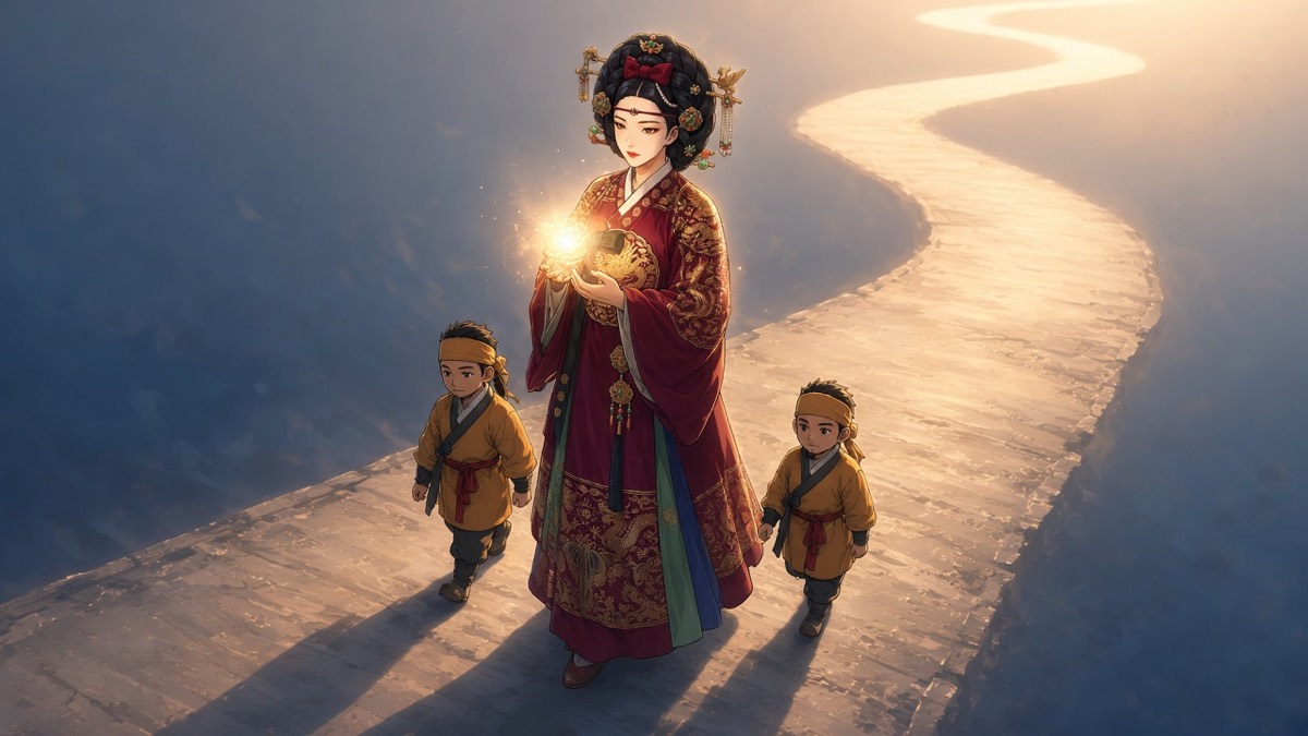 Wide dawn road: Sosuno and two sons walking south