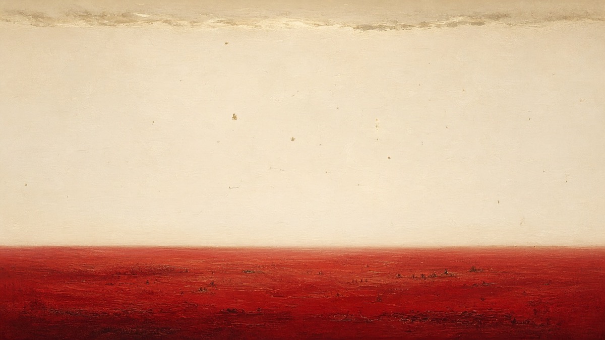 Wide heaven-earth split: one pale gold plane over one red living-world strip