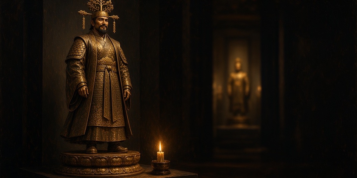 Painted: the gilt-bronze Euija on his lotus plinth in a black hall, one candle low at his feet lighting the gold crown flowers from below
