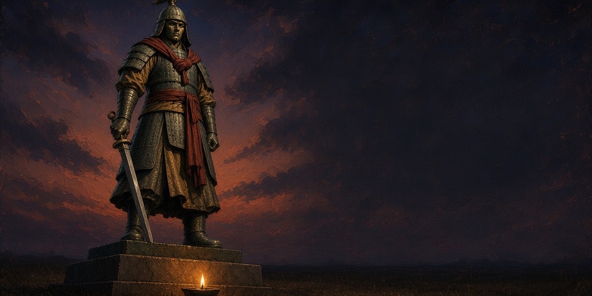 Painted: the bronze Gyebek on his plinth alone on the dark Yellow Mountain field, a single votive lamp at his feet, one blood-orange break raking the cast lamellar