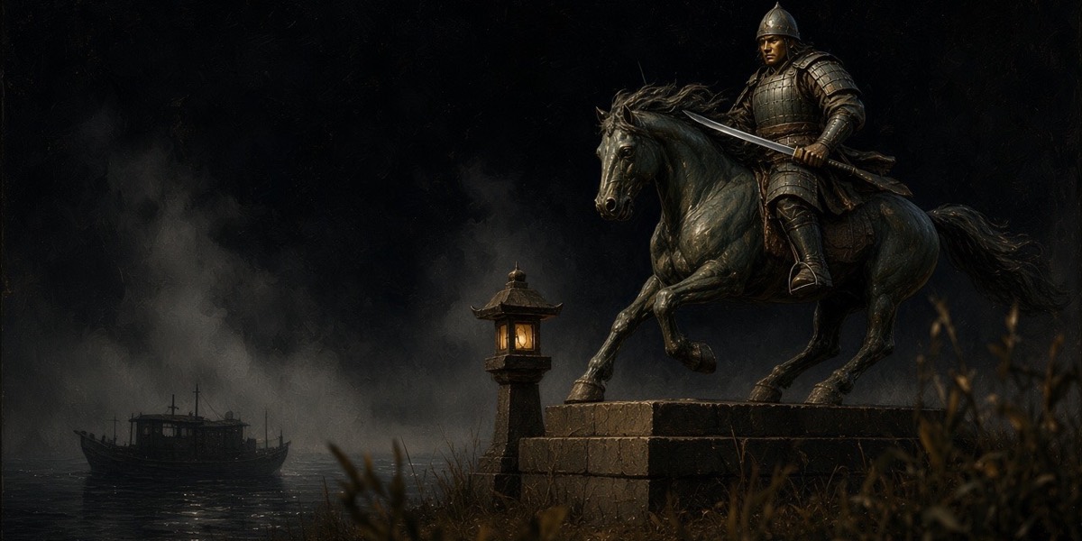 Painted: a bronze equestrian of Gyebek folded along Gomanari’s neck at full gallop, on a plinth by the night ferry at Gomanaru, river mist and one lantern
