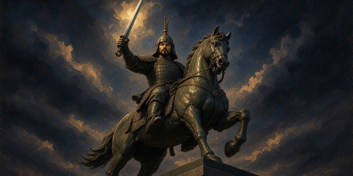Painted: the bronze equestrian Yushin, sword raised, horse rearing on its plinth, carved out of a storm by one break of gold light
