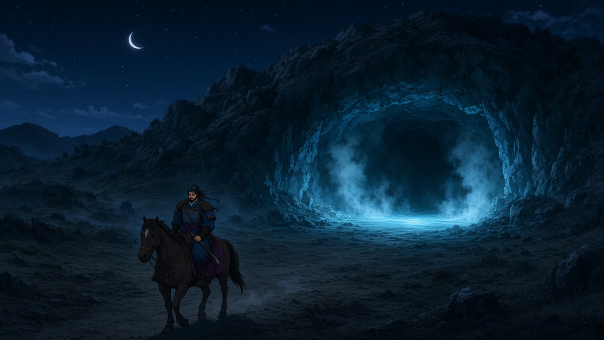 Webtoon Yushin rides a night road toward a cyan-glowing cavern mouth after a hard year