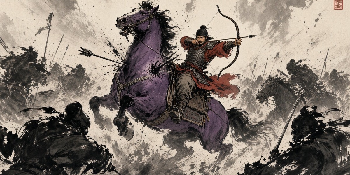 Ink painting: the arrow strikes Saluzi's chest as the ring of enemy spears closes outside Luoyang