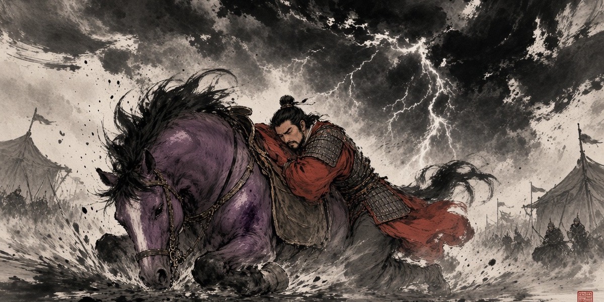 Ink painting: Saluzi crashes to his knees at the camp gate under a storm sky, the prince catching his neck
