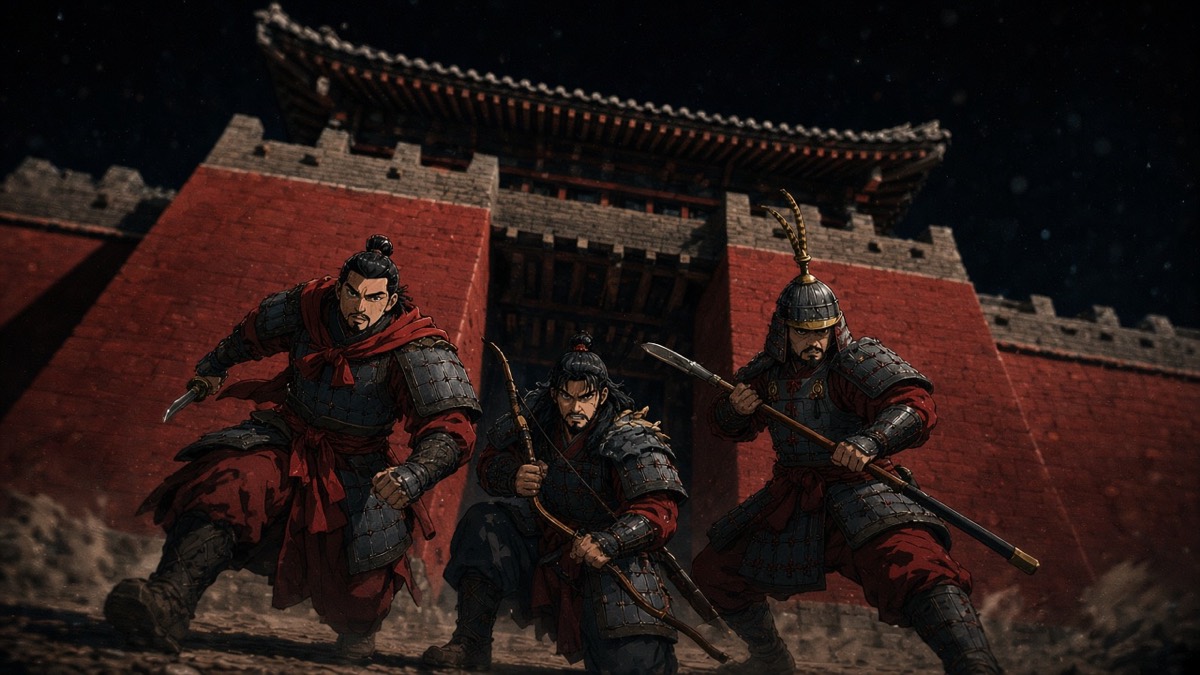 Worm’s-eye: three Yeon sons as steel generals before the mountain fortress gate