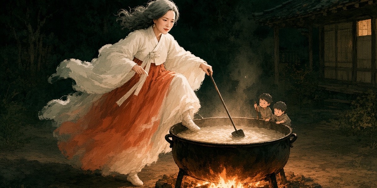 Sulmun slips at a house-sized cauldron; a few tiny sons stand at the rim
