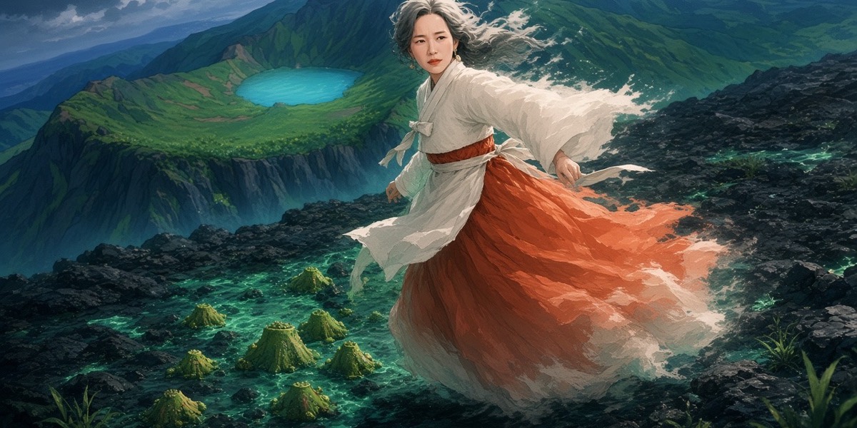 Sulmun strides and hills spill from a hole in her apron