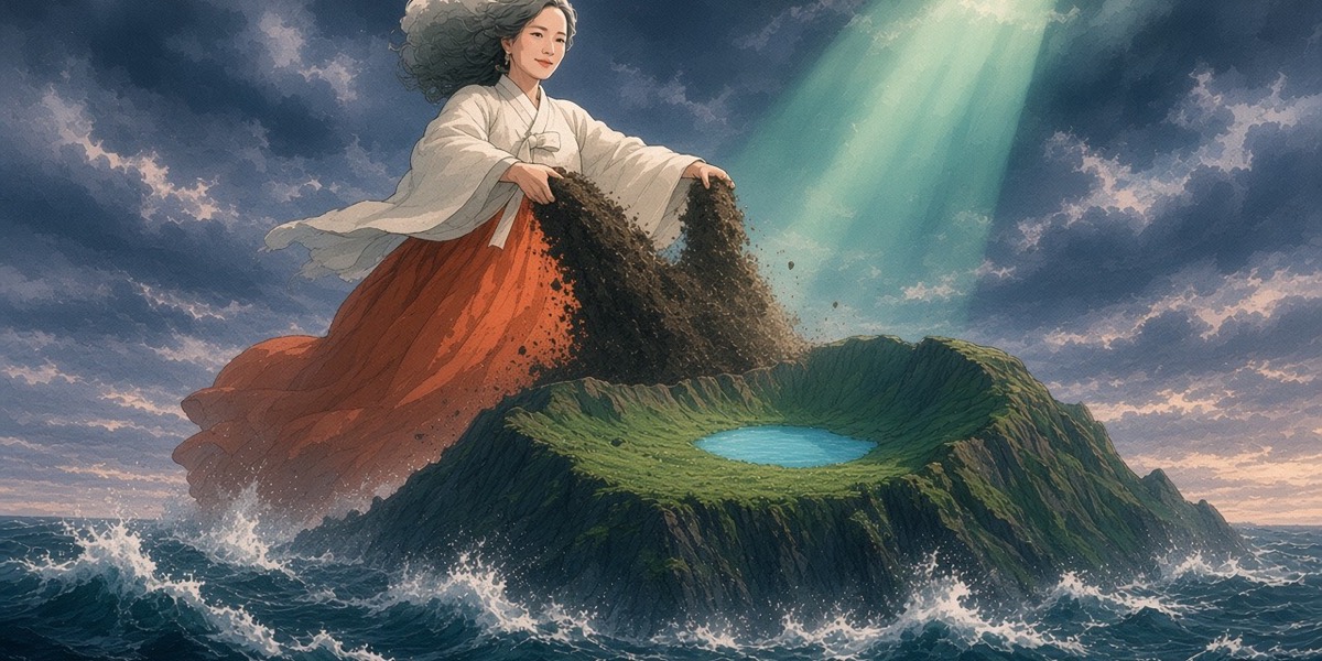 Sulmun, enormous, pours the seabed from her apron into one mountain