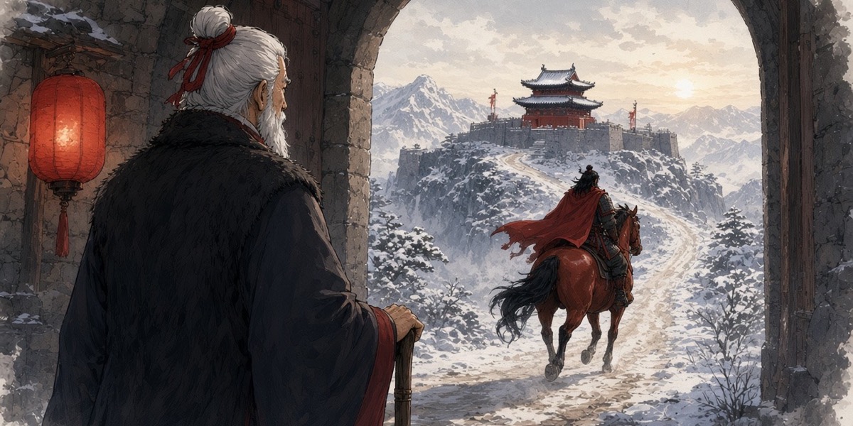 Taejo stands small in the fortress gate with his staff while his son rides out into the snow toward Pyongyang.