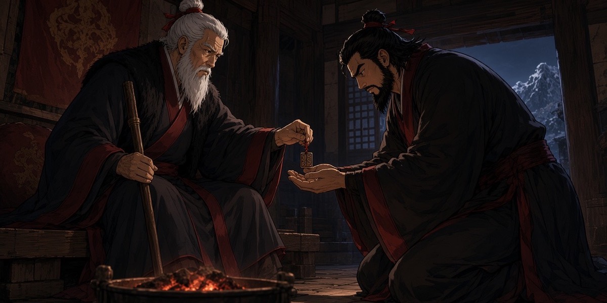 Old Yeon Taejo, seated by a brazier in the Eastern Hall, presses the commander's bronze seal into his kneeling son's palm.
